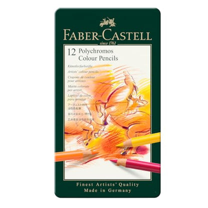 Faber-Castell Art & Graphic Polychromos Colour Pencil, Multicoloured, Tin Of 12, For Art, Craft, Drawing, Sketching, Home, School, University, Colouring - size: 12 Count (Pack of 1)