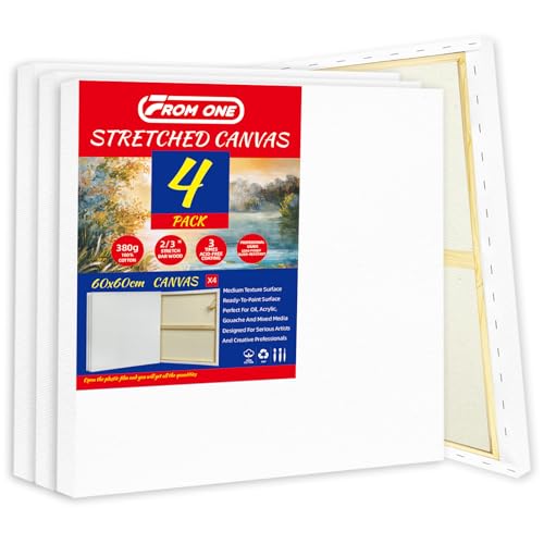 4-Pack 24x24 Square Stretched Canvas Cotton for Oil & Acrylic (60 x 60 cm) | 380gsm 100% cotton, triple acid-free gesso, no bleed warp resistant, for mixed media - size: 4PK - 24"x24"
