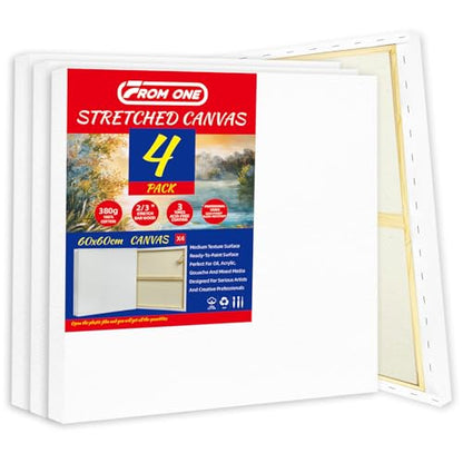 4-Pack 24x24 Square Stretched Canvas Cotton for Oil & Acrylic (60 x 60 cm) | 380gsm 100% cotton, triple acid-free gesso, no bleed warp resistant, for mixed media - size: 4PK - 24"x24"