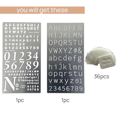 2 Pcs Metal Planner Stencil Journal Stencil, Rustproof Engraving Stencils with 36 Pcs Letter Stencils and Numbers for Journaling, Bookmarks, Rulers, Planners, Scrapbooks