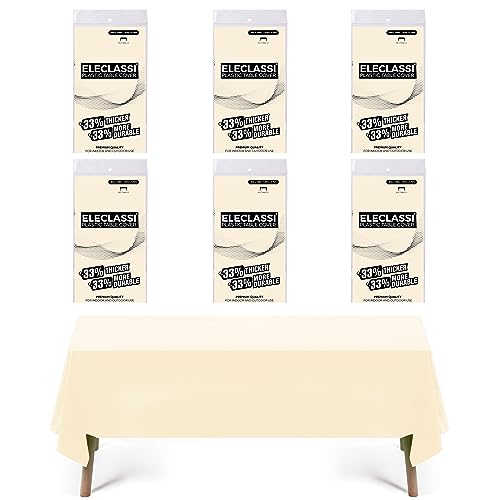 Eleclassi Ivory 6 Pack Premium Disposable Plastic Tablecloth 54 x 108 in - Plastic Table Cloth Disposable Tablecloth for Rectangle Table Up to 8 Feet - color: Ivory