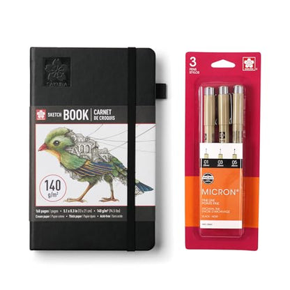 SAKURA A5 Sketchbook & Pigma Micron Bundle, 3-Pack Fineliner Pen Set | Japanese-Inspired Stationery Bundle, A5 Sketchbook, 140 GSM Paper, Artist Gift Set, For Illustration Work