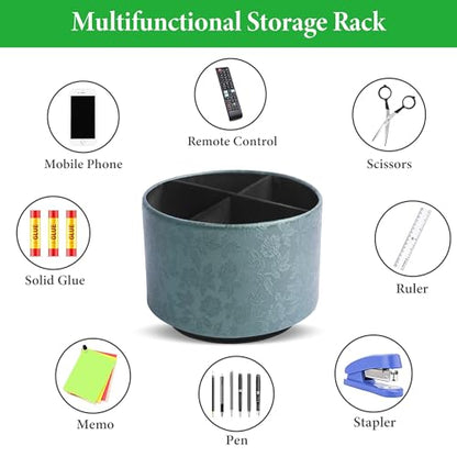 Round Leather Art Supply Organizer,Remote Control Holder,360 Degree Spinning,Multi-Functional Pencil Holder,4 Compartments Desktop Stationary Organizer(1-Liuli Green) - color: 1-Liuli Green