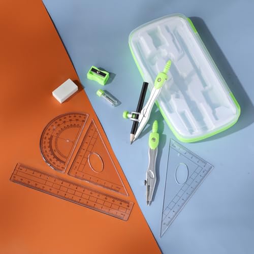 Zonon Math Geometry Set for Students 10 Pcs Compass Geometry Tools Kit Includes Protractor Compass Lead Refills Rulers Pencil Sharpener Eraser Pencil Storage Box for Drafting and Drawings(Green) - color: Green