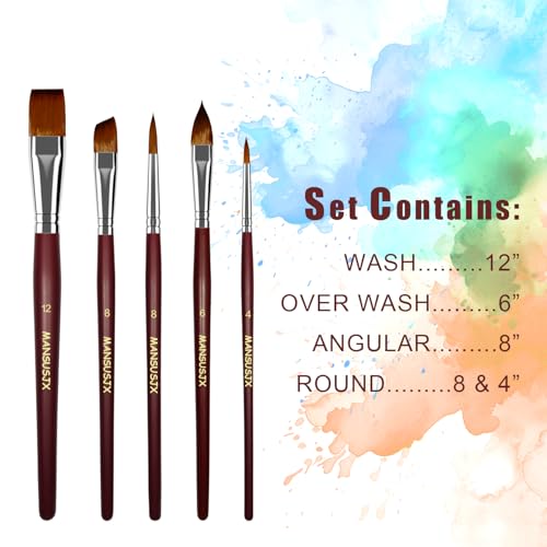 5pcs Watercolor Brush Set - Watercolor Brushes Professional Soft Synthetic Sable Hair – Artist Water Paint Brush Set- Wash 12, Oval Wash 6, Angular Shader 8, Round 4 & Round 8