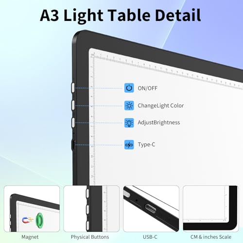 Rechargeable A3 Light Pad for Diamond Painting, 4000mAh Tracing Light Box with 6 Levels of Brightness, Side Physical Buttons & 3 Colors, High-Brightness Light Board for Diamond Art, Drawing, Sketching - style: Rechargeable A3 (Black)