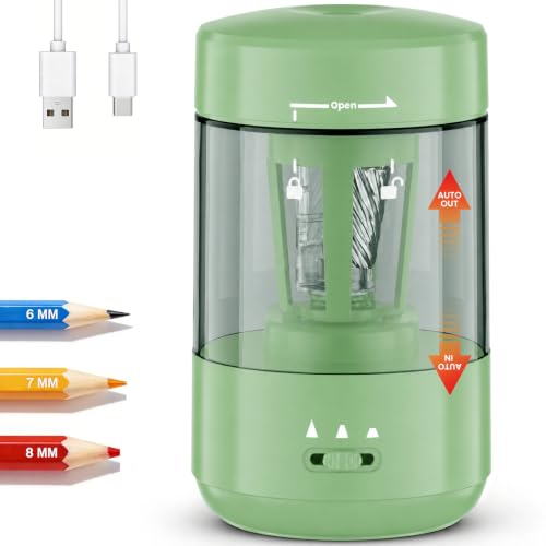 Electric Pencil Sharpener for Classroom, Fully Automatic, Green | Type-C Rechargeable, Auto In/Out, 2000mAh Built-in Battery, Fast Sharpen, For 6-8mm No.2&Colored Pencils, Home, School Office - color: Green