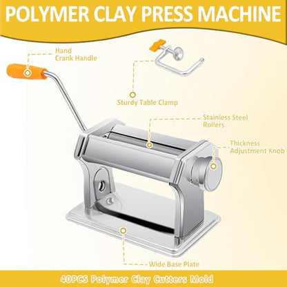 Polymer Clay Press Machine, Craft Clay Mixers Machine and 40PCS Polymer Clay Cutters Mold, Stainless Steel Handmade Clay Rolling Machine for DIY Craft - 6 Thickness Options - color: Orange Clay Press