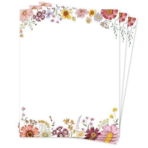 Flower Paper Stationery, Floral Letterhead Paper 8.5 x 11 Inches, 50 Sheets, Elegant Writing Paper, Pretty Stationary Paper, Decorative Printer Papr, Spring Wildflower Letter Paper Set - color: Wildflowers 50 Set