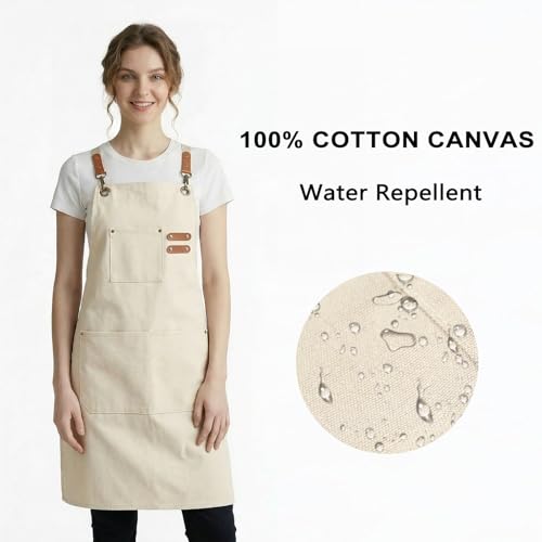 ZOMAO Chef Apron for Women Men with Large Pockets, Cotton Canvas Cross Back Waterproof Work Aprons for Kitchen Cooking Bib - color: Beige