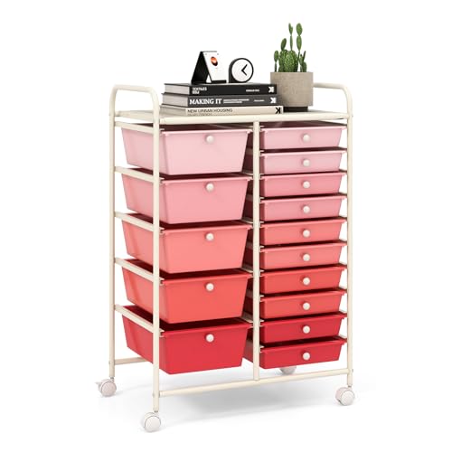 15 Drawer Rolling Storage Cart, Rolling Cart with Drawers for Classroom, Art Supply Craft Organizer on Wheel with Metal Frame & Handles for Home Office School - color: Gradient Pink, size: 15 Drawer