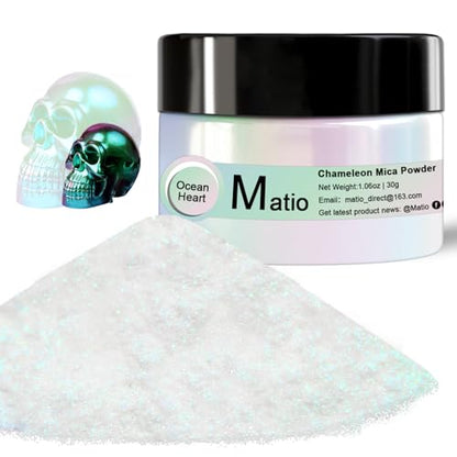 Matio Chameleon Mica Powder, 1.06oz/ 30g Ocean Heart White Chrome Powder | Pearlescent Effect Color Shift Pigment for Resin Craft, Soap Candle Dye, Nail Art,Bath Bomb, Paint, Slime Pigment - color: W-Ocean Heart