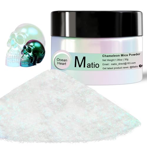 Matio Chameleon Mica Powder, 1.06oz/ 30g Ocean Heart White Chrome Powder | Pearlescent Effect Color Shift Pigment for Resin Craft, Soap Candle Dye, Nail Art,Bath Bomb, Paint, Slime Pigment - color: W-Ocean Heart