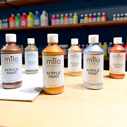 milo Metallic Acrylic Paint Set, 6 Metallic Colors, 8 oz Bottles | Safe and AP Non-Toxic, Made in the USA, Arts & Crafts Paints for Artists, Student & Hobby Painters, Paint Pack, Multi-Media - style: Metallic Set 6 x 8 oz
