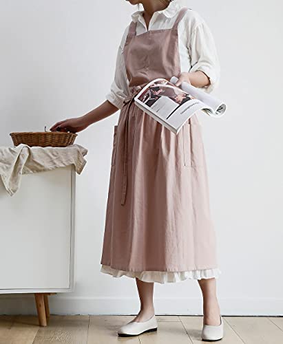 VLZUFE Women Cotton Linen Cross Back Apron with Pockets for Gardening Works Pinafore Dress - color: Pink
