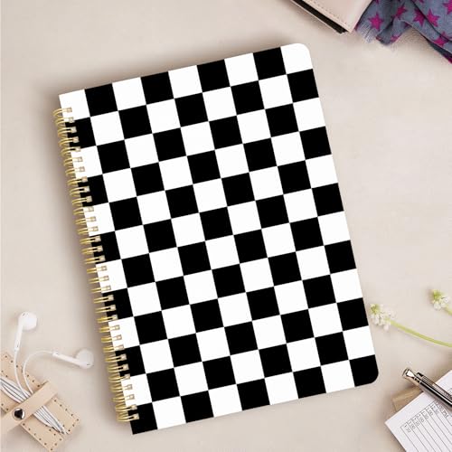 Cute Spiral Notebook journal A4 Aesthetic Pretty Design for Women Girls Kawaii with Pocket, 8.5 x 11 inch, Lined, Black Plaid - color: Black Plaid, style: Lined