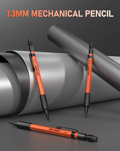 Four Candies 3PCS 1.3mm Metal Mechanical Pencil Set with Case (Orange) | 72 Refills (Red,Black,Yellow), 3 Erasers, 16 Eraser Refills, Weatherproof Body for Construction Outdoor Woodworking Marking - size: 3-Pack, style: Orange