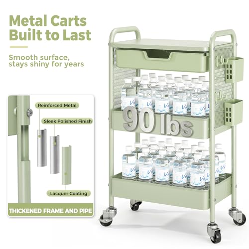 KINGBOARD 3 Tier Metal Rolling Cart with Drawer, Green Utility Storage Cart | 2 Cups & 4 Hooks, Lockable Wheels, Trolley Organizer for Bathroom, Kitchen, Office, Nursery, Dorm, Laundry, Craft Room - color: Green