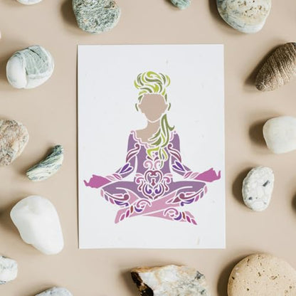 MAYJOYDIY 4pcs Yoga Pose Lady Stencil 11.8×11.8inch Large Artistic Gymnastics Stencil with Paint Brush Mandala Patterned Yoga Clothing Women Templates for Windows Yoga Classroom Wall Canvas - color: Yoga Pose