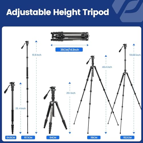 Fotopro 59" Carbon Fiber Travel Tripod, Compact Video Tripods with Fluid Head, Detachable Monopod with Quick Release Plate and Bag, Camera Tripod Load up to 8KG/17.63lbs - color: Black, size: 62" Video (Carbon Fiber)