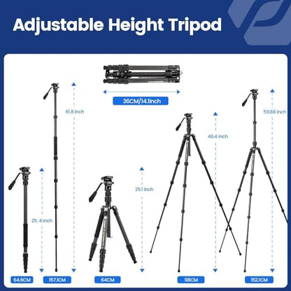 Fotopro 59" Carbon Fiber Travel Tripod, Compact Video Tripods with Fluid Head, Detachable Monopod with Quick Release Plate and Bag, Camera Tripod Load up to 8KG/17.63lbs - color: Black, size: 62" Video (Carbon Fiber)