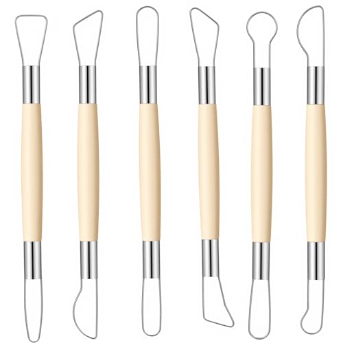 6PCS Double-Sided Clay Sculpting Tool Set, Wooden Handle Pottery Trimming Tools with Stainless Steel Wire Loop, Clay Carving Sculpture Kit for Ceramics Wax Pottery