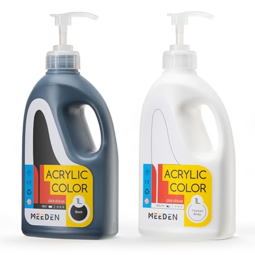 MEEDEN Titanium White & Black Acrylic Paint: 1 L /33.8 oz Satin Liquid Paint with Pump Lid - Soft Body Art Paints for Canvas, Studio, School, Wall & Poured Paintings - color: Titanium White & Black