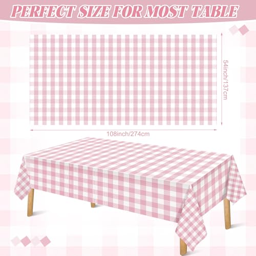 FuWeave 12 Pcs Pink and White Checkered Tablecloths Disposable Plastic Gingham Table Cloths Waterproof Rectangle Plaid Table Cover for Wedding Picnic Birthday Party Decor, 54 x 108 Inch - style: Pink plaid