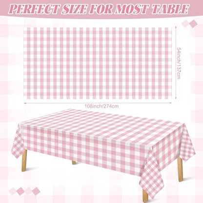 FuWeave 12 Pcs Pink and White Checkered Tablecloths Disposable Plastic Gingham Table Cloths Waterproof Rectangle Plaid Table Cover for Wedding Picnic Birthday Party Decor, 54 x 108 Inch - style: Pink plaid
