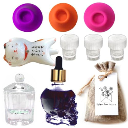 Glass Inkwell Set with Lid, Dinky Dip Ink Holder, Calligraphy Ink Holder, Ceramic Pen Rest for Dip Pens, Oblique Calligraphy Pens, Fountain Pens, and Glass Dip Pens (Black Sumi Ink)