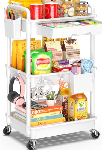 SUNALLY 3 Tier Rolling Cart with Drawer, Craft Storage Cart Organizer,White - color: White, size: 3 Tier