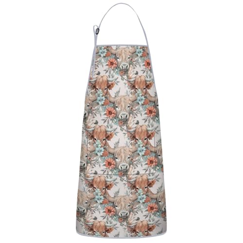 Apron with 2 Pockets,Kitchen Chef Artist Aprons for Cooking Gardening Baking Painting, Waterproof Apron 33" x 27" - color: Highland Cow