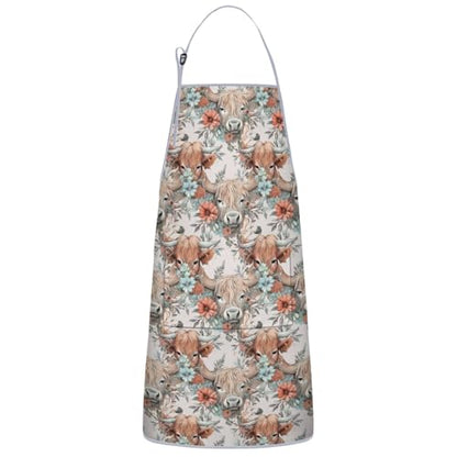 Apron with 2 Pockets,Kitchen Chef Artist Aprons for Cooking Gardening Baking Painting, Waterproof Apron 33" x 27" - color: Highland Cow