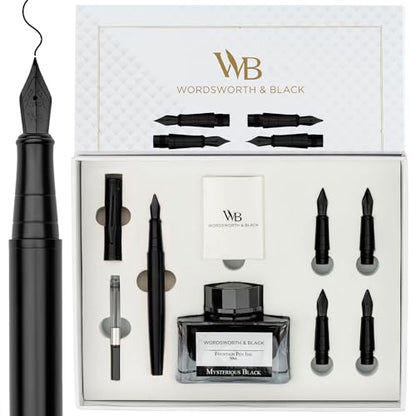 Wordsworth & Black Luxury Fountain Pen Set for Writing, 6 Nibs, All Black - color: All Black