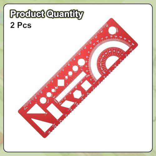 HARFINGTON 2pcs Multifunctional Geometric Rulers 15cm Metric and SAE Aluminum Straight Edge Protractor Angle Math Measuring Ruler Geometric Drawings Templates for Drawing Drafting, Red - color: Red