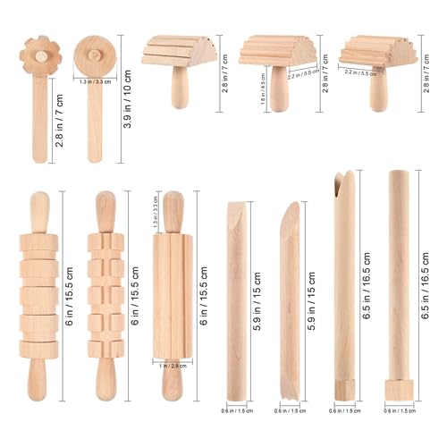 NUOBESTY Wooden Clay Tools Kids Wood Stamps Hand Rollers Plasticine Tools Pottery Molding Clay Accessories for Art DIY Crafts Activities 12pcs