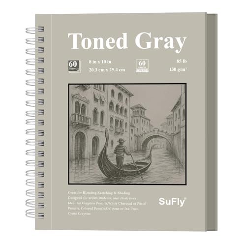 SuFly Toned Gray Sketch Book 8"x10" - 60 Sheets Spiral Bound Sketch Pad, 85lb/130gsm Art Paper for Graphite, Charcoal, Colored Pencils and Gel pens. - color: Toned Gray, size: 8-x-10-inch:1 Pack