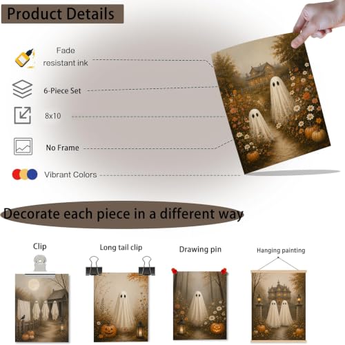 KBKBART 6pcs Halloween Poster Cute Ghost Country Landscape Prints 8x10 inch | Canvas Wall Art Print Pictures Unframed, Ghosts Fall Landscape Paintings, for Bedroom Living Room Dorm, Halloween Posters - color: Halloween Ghost