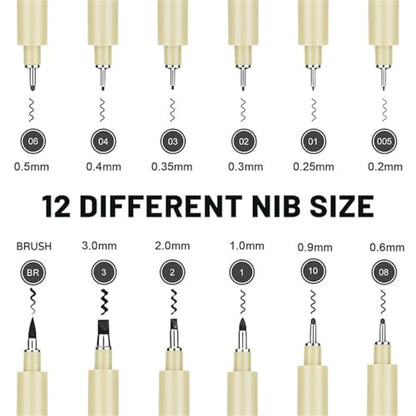 12 Pack Micro Pen Fineliner Ink Pens, Black Fine Point Drawing Pens Waterproof Archival Ink Multiliner Pens for Artist Illustration, Sketching, Technical Drawing, Anime, Manga