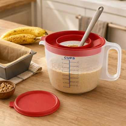 8 Cup Measuring Cup & Mixing Pitcher with Handle and Spout, Splatter-Free Lid, BPA-Free, Ideal for Baking, Pancakes, and Whisking