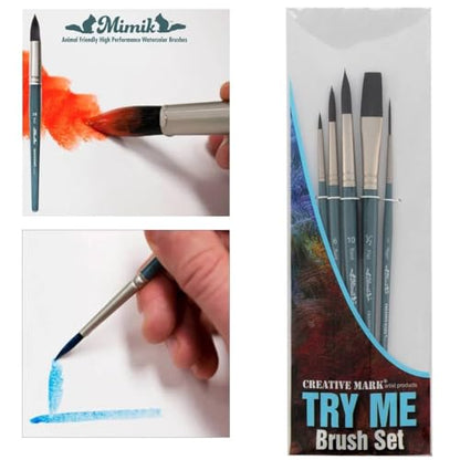 Creative Mark Artist Paint Brush Set - Mimik Synthethic Squirrel Short Handle Paint Brushes - Assorted Sizes - Try Me Pack - 5 Pieces