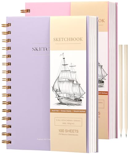 Yoment Small Sketch Book 5.5"x8.5",Mini Sketchbook,Spiral Bound,200 Sheets | Purple & Pink,2-Pack,68 lb/100gsm Hardcover Sketch Pad for Kids,Art Sketchbook Drawing Pad Book with Pencil,For Beginners - color: Pink & Purple, size: 5.5 x 8.5
