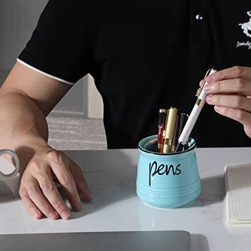 ONTUBE Porcelain Pens Holder Stand ,Ceramic Pencils Holder (Turquoise) | Porcelain, ceramic, pen & pencil holder, sturdy, easy-clean, non-slip, compact, elegant, durable, versatile, white, modern - color: Turquoise