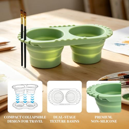 Paint Brush Cleaner Foldable Silicone Cleaning Container 8.8x4.2in, Brush Washing Station for Acrylic Oil Watercolor Painting, Artist Cleaner Tool for Students & Artists, Gift, Green - color: Green
