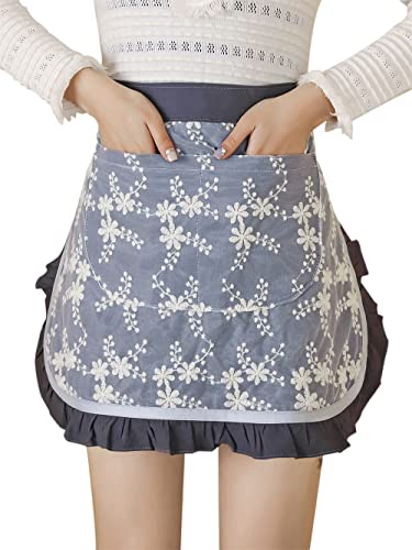 Unisex Chef Aprons White Retro Cotton Maid Short 2 Pockets Waist Waiter Waitress Half Apron - color: Grey-embroidered