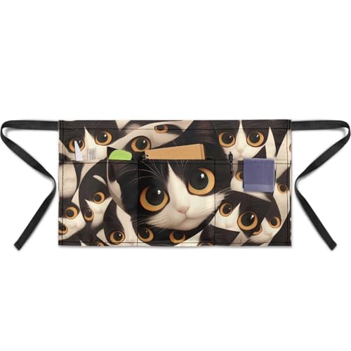 Waist Apron with 3 Pockets Waterproof 13 Inch Short Half Waist Aprons Women Men Server Aprons Waitress Waiter Apron - color: Big Eyed Cat