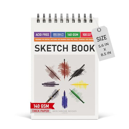 BEECHMORE BOOKS 5.6x8.5 A5 Spiral Sketchbook 140 GSM 100 Perforated Pages | Premium Art Sketch Pad for Drawing & Sketching, Acid-Free Paper, Portable Art Journaling for Artists, Beginners and Adults - size: A5 (5.6" x 8.5")