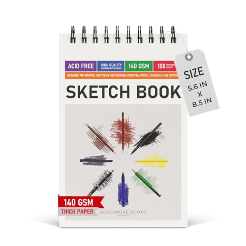 BEECHMORE BOOKS 5.6x8.5 A5 Spiral Sketchbook 140 GSM 100 Perforated Pages | Premium Art Sketch Pad for Drawing & Sketching, Acid-Free Paper, Portable Art Journaling for Artists, Beginners and Adults - size: A5 (5.6" x 8.5")