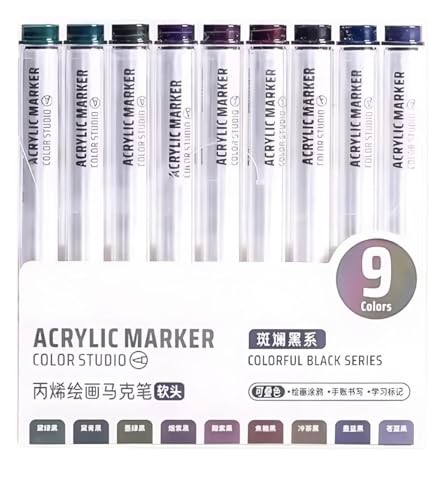 Black Acrylic Paint Pen Markers, 9 Colors Soft Brush Tip Paint Pens for Wood Glass Eggs Rock Painting Canvas Stone Fabric DIY Crafts Making Art Supplies (Black) - color: Black