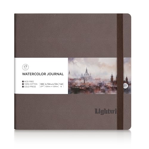 Lightwish Square Watercolor Journal, 100% Cotton Cold Press Small Watercolor Paper Sketchbook 4.72” x 4.72”, 20 Sheets (140lb/300gsm), Acid-Free for Watercolors, Gouache, Acrylics - color: Brown, size: 4.72*4.72 Inches